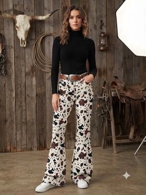 High-Rise Cow Print Flared Pants in white, black & Brown